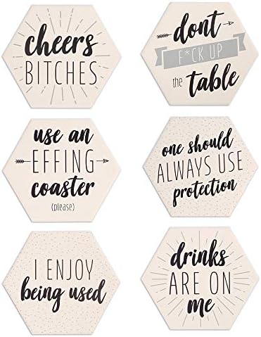 LotFancy Funny Drink Coasters with Holder, 6PCS Absorbent Ceramic Coasters, Hexagon Set, Non-Slip, Bar Room Decor