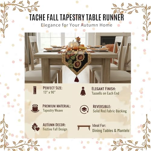 Tache Fall Table Runners 90 inches Long Sunflower Field Scarecrow Thanksgiving Table Runner Leaves Vintage Farm Harvest Table Runner Decorative Woven Black Yellow Tapestry Autumn Table Runner 13x90