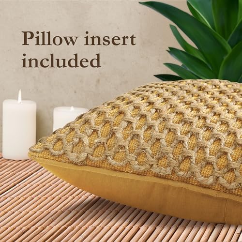 Boho Living Jada Premium Woven Design, Decorative Throw, Living Room Décor, (1) 20" x 20" Pillow Cover with Insert, Mustard Yellow