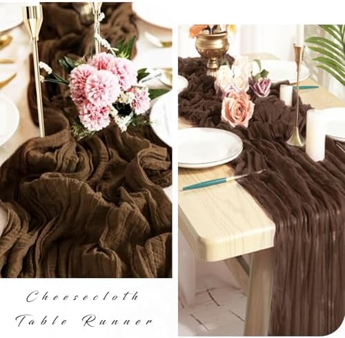 12 Pcs Cheesecloth Table Runner 10FT Brown Runner for Tables Gauze Fabric 35 x 120 Inches Long Boho Table Runner Decor Rustic Sheer Runner for Wedding Birthday Bridal Shower Party (Brown)