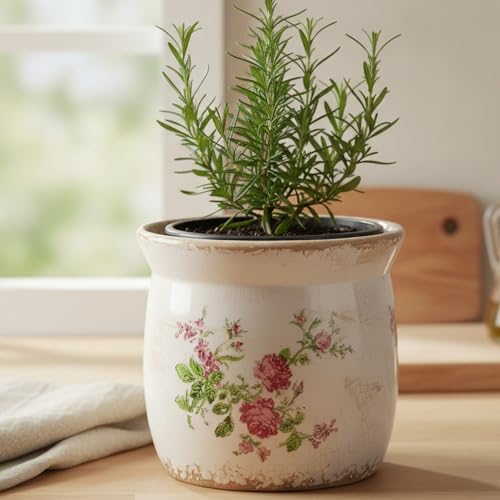 Xiaan Jiaju Cottage Ceramic Pots for Plants, 6.21 Inch Vintage Shabby Chic Planters for Indoor Plants, French Country Spring Balcony & House Decor, Pink Floral Vases for Centerpieces, Gardening Gifts