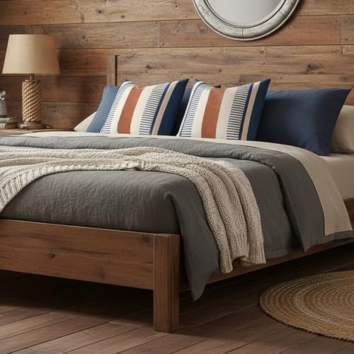 Farmhouse Stripe Pillow Cover 18x18 Boho Accent Cushion Case Faux Leather Decorative Pillowcase,Navy Blue and Beige (Cover ONLY, Pack of 2)