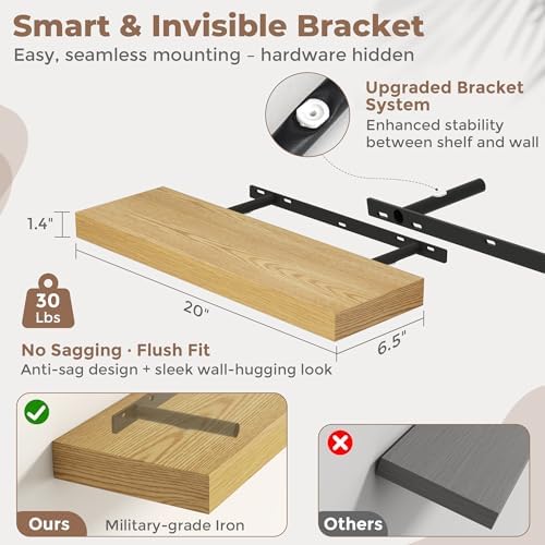 FLYJOE 20 Inch Floating Shelves for Wall Set of 2, 6.5" D Wood Grain Bathroom Shelves with Invisible Brackets, Easy Install Engineered Wood Storage Shelves for Kitchen, Living Room, Bedroom