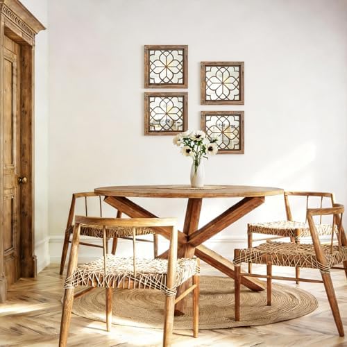 Set of 4 14 Inch Square Redbrown Window Pane Wall Mirrors, Shatterproof Rustic Farmhouse Boho Vintage Decorative Mirrors for Living Room Bedroom Bathroom Entryway