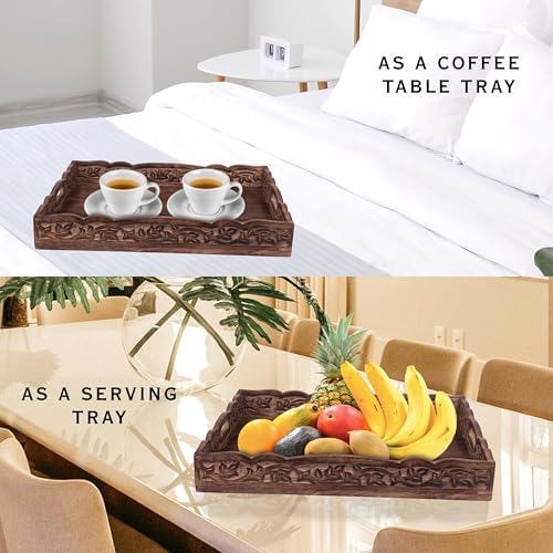 Natural Wooden trays, Serving Bowl for Salad, Veggies and Fruits, Large Deep for Family, Party (Floral Tray)