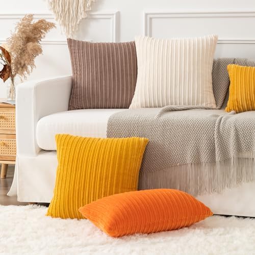 Kevin Textile Striped Corduroy 24”x24” Pillow Covers 2 Pack, Light Brown