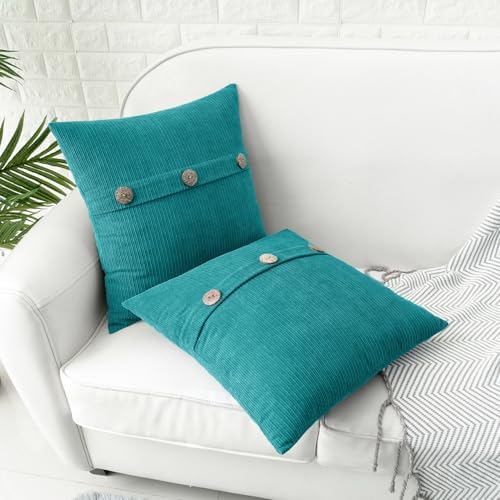 HWY 50 Teal Chenille Throw Pillow Covers 20x20 Inch Buttons Pack of 2