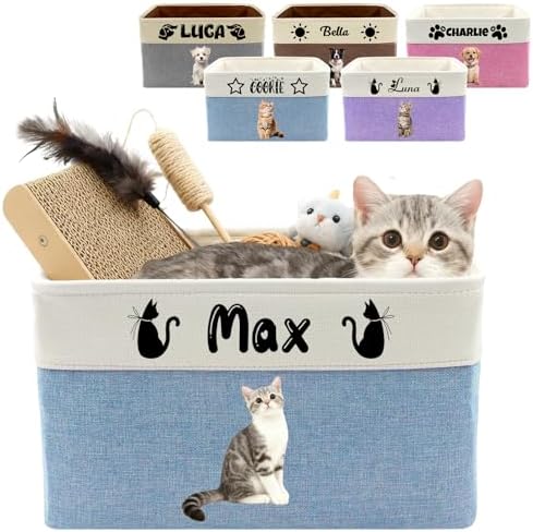 Customized Pet Toy Storage Basket - Personalized Dog & Cat Toy Organizer with Name, Foldable & Durable Fabric Bin for Pet Supplies, Organizer for Toys, Coats, Clothing, Blankets Blue