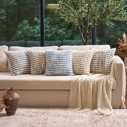 Aeckself Boho Chenille Tufted Pillow Cover 18 x 18 Inch, Decorative Square Throw Pillow Cover Neutral Pillowcase for Couch Bedroom Living Room, Brown White