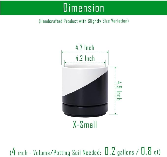 D'vine Dev 4.7 Inch Ceramic Planter Pot, Black White Diagonal, 94-O-B-K | Modern Cylinder Design, Drainage Hole & Saucer Included, Stable Structure, Elegant Home Accent