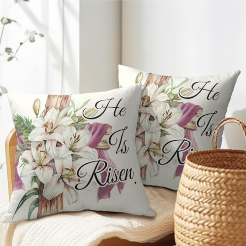 Easter Throw Pillow Covers 16x16 Inch Set of 2 He is Risen Cushion Case Spring Lily Flower Cotton Linen Square Pillowcases Happy Easter Pillows Protector for Home Sofa Party Couch Bed