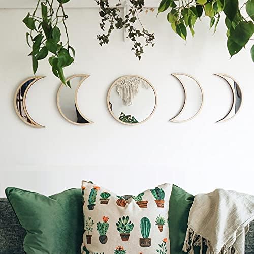 MAXROCK Moon Phase Mirror Set, 5 Piece Scandinavian Natural Decor Wall Decorative Home Decor Bohemian Moon Mirror for Living Room Bedroom, Acrylic Mirror, Not Real Mirror
