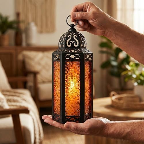 Vela Lanterns Decorative Indoor Moroccan Candle Holder, Amber, M, 12-Pack