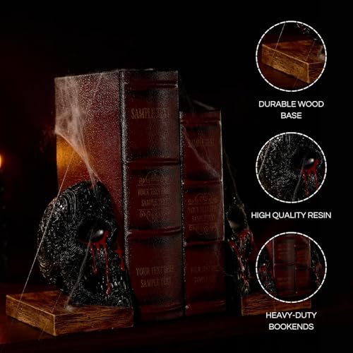 Skull Book Ends Gothic, Lifesize Human, Heavy-Duty Bookends, Skeleton Decorations, Bookends for Shelves, Heavy Books, Black Skull Design Bookend 7x5.1x6.3, Spooky Decor, Holiday - Bloody Black & Red