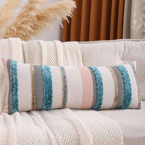 Coastal Lumbar Throw Pillow Cover 14x36 Boho Decor Turquoise Blue