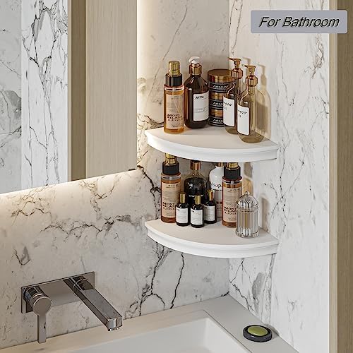 HAO Floating Corner Shelf Invisible Wall Mounted Shelves Radial Shape Cable Wire Hole Pattern Perfect for Bedroom Bathroom Living Room Kitchen Set of 2 White