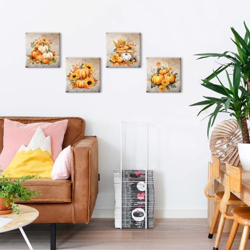 Pumpkin Canvas Wall Art Kitchen Wall Decor Rustic Sunflower Pictures Bedroom Artwork Autumn Themed Fall Festival Harvest Painting for Living Room Dinner Halloween Party Home Decorations 16x16" 4 Pcs