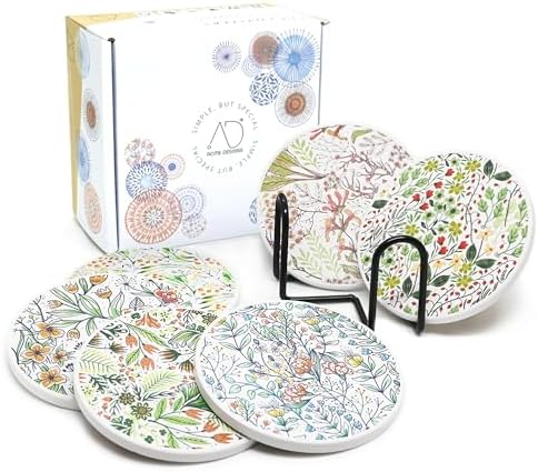 AD Set of 6 Coasters for Drinks Absorbing Round Ceramic Stone Coaster with Cork Base,Tabletop Protection Mat for Mugs and Cups,Office,Kitchen (Bontanicals with Holder)