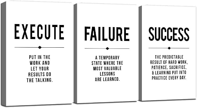 Framed Canvas Wall Art Success Quote, Office Wall Art, Black Large Poster, Positive Motivational Set of 3 Prints, Execute Failure Success Poster, Inspirational Print (D-3pcs,16x24inchx3pcs)