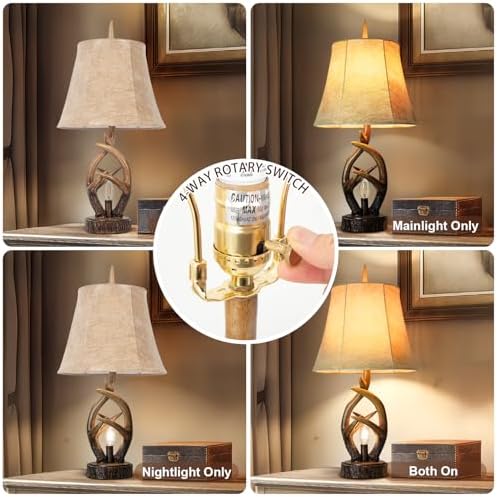 Scenekoy Rustic Antlers Table Lamp Set of 2 with USB Ports, Night Light