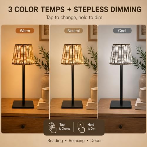 4 Pack Wicker Table Lamp, Rechargeable Small Boho Rattan Lamp