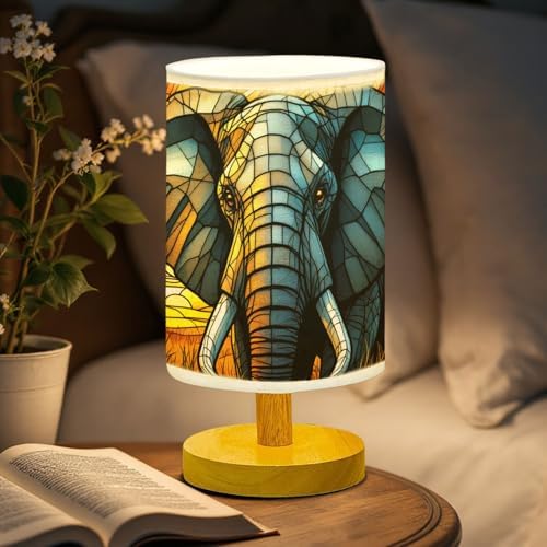 Elephant Table Lamp LED 3-Color Pressed Bedside, Elephant Shade Lamp with Wood Base for Bedroom Living Room Desk Office TL01