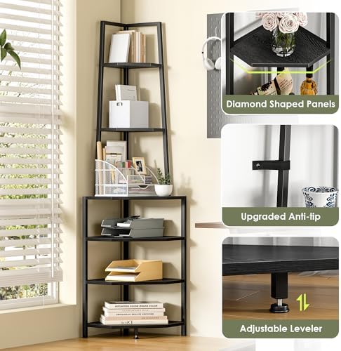 VECELO 6 Tier Corner Shelf 69 Inch Industrial Bookshelf with Metal Frame, Multipurpose Tall Plant Stand with Opening Display Shelves for Living Room, Bedroom, Home Office, Small Space, Black