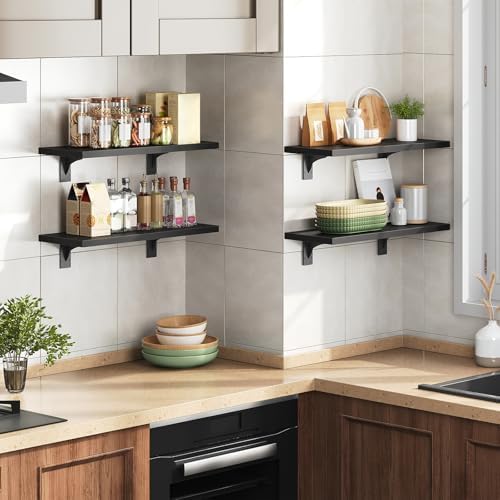 HOOBRO Floating Shelves for Wall, 15.7" Wall Mounted Shelves Set of 2, Hanging Storage Shelf with Metal Brackets, Wooden Shelf for Living Room, Bedroom, Bathroom, Black BK42BJP201G1