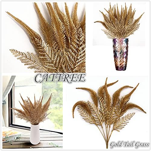CATTREE Christmas Artificial Plants, Plastic Grass Faux Shrubs Fake Leaves Simulation Setaria Bushes Home Indoor Outdoor Garden Wedding Festival Decoration Hall Table Planter Filler – Gold 4 Pack