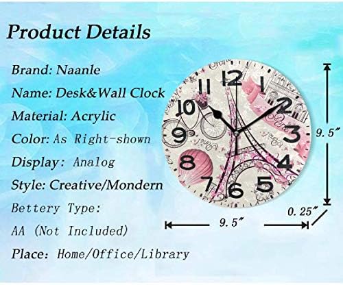 Naanle Romantic Paris Eiffel Tower with Flowers Butterfly Wall Clock, 9.5 Inch Battery Operated Quartz Analog Quiet Desk Clock, Floral