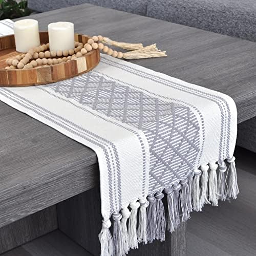 Boho Small Coffee or Dining Table Runner with Tassels 14 x 48 Inches, Gray & Cream White | Woven Washable Dresser Scarf for Bedroom | Farmhouse Table Topper Centerpiece Decorations Grey