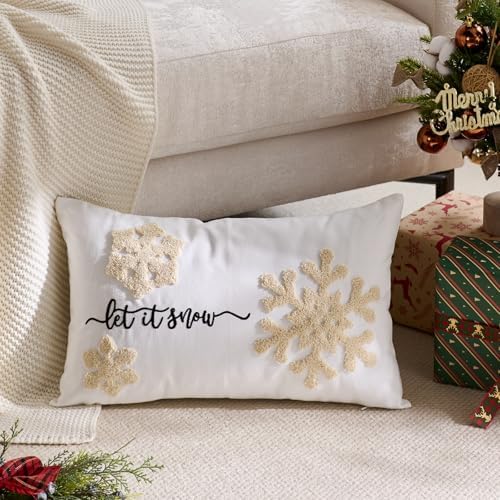 White Christmas Pillow Covers 12x20 Inch Embroidery Snowflake Xmas Decorative Lumbar Throw Pillow Cover Winter Holiday Pillow Case Cushion Cases for Sofa Couch Living Room Decorations