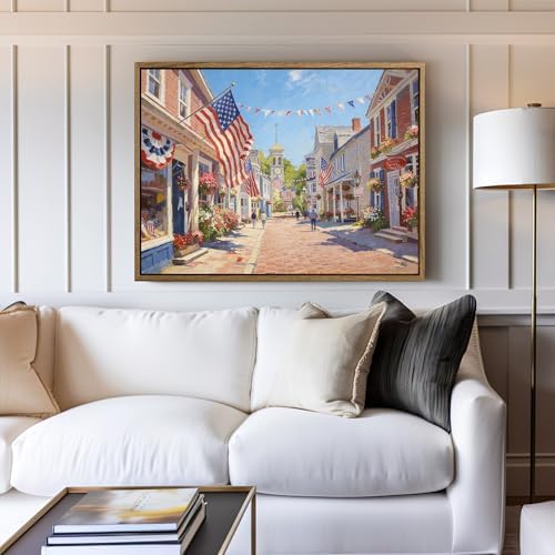 American Flag Framed Canvas Wall Art, 4th of July Patriotic Canvas Prints | USA Flag with Small Town Street Poster Print, Independence Day Wall Decor for Bedroom Living Room 6×8in