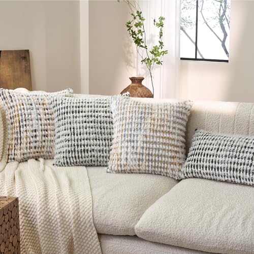 Aeckself Boho Chenille Tufted Pillow Cover 18 x 18 Inch, Decorative Square Throw Pillow Cover Neutral Pillowcase for Couch Bedroom Living Room, Yellow White
