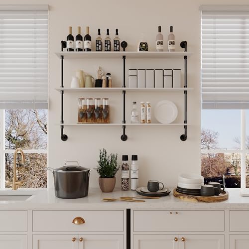 3-Tier Industrial Pipe Floating Shelf – Rustic 48 inch Wood Wall-Mounted Storage Shelf for Kitchen Office,Bathroom & Home Decor -White
