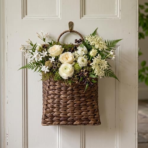 PINXIURY Water Hyacinth Hand Woven Basket, Wicker Hanging Wall Basket, handmade Decor & Storage Organizer for Entryway, Bathroom, Living Room, Farmhouse, and Front Door, 8.7 x 4.7 x 11.4 inch, Coffee