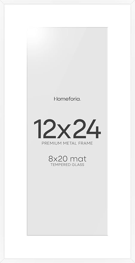 Homeforia 12x24 White Picture Frame, High-End Metal, 8x20 Mat, Glass