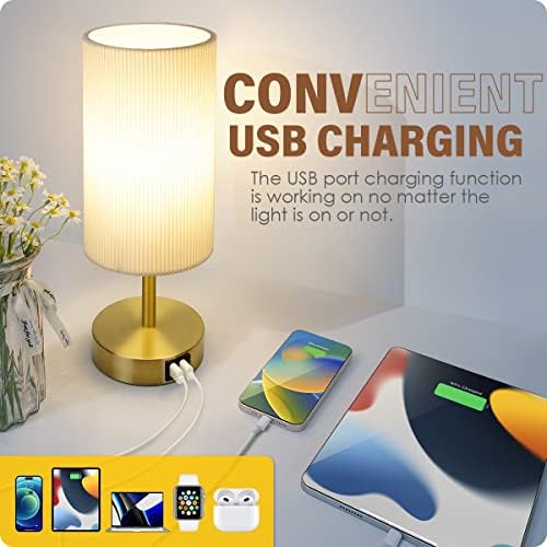 Bedside Lamp with USB port - Touch Control Table Lamp for Bedroom Wood 3 Way Dimmable Nightstand Lamp with Round Pleated Shade for Living Room, Dorm, Home Office (LED Bulb Included) (Pleated)