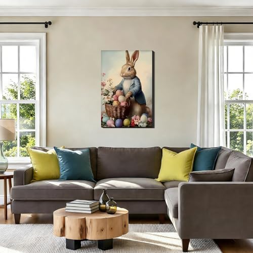 Vintage Easter Rabbit Eggs Canvas Art 16x24, Colorful Cozy Spring Bunny Pictures Wall Art, Perfect for Easter Bathroom Bedroom, Living Room Holiday Wall Decorations