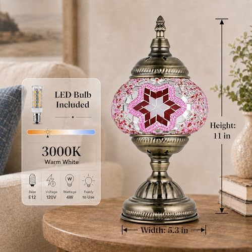 GOGERS Turkish Moroccan Table Lamp Lantern with Handmade Mosaic Glass Lampshade Tiffany Style Bohemian Stained Glass Decorative Desk Lamps Bedside Night Lights for Bedroom (Pink)