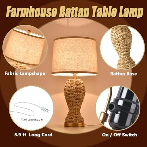 24.4" Boho Table Lamps for Living Room, Bedside Lamp for Nightstands, Rattan Lamp Wicker Lamp for Bedroom, Farmhouse Rustic Woven Table Lamp for Kitchen Room Decor, End Table, Retro(No Bulb)