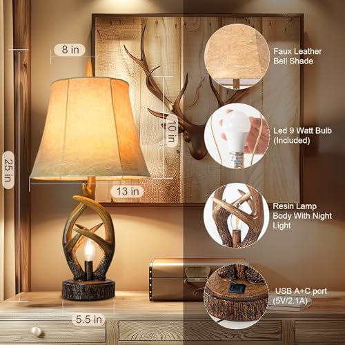 Scenekoy Rustic Antlers Table Lamp Set of 2 with USB Ports, Night Light