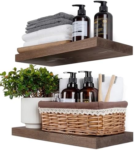 BGMG Wood Floating Shelves for Wall 16 inch Set of 2, Rustic Wooden Wall Mount Shelves for Living Room Bedroom Kitchen Farmhouse-16x6.7x1.25 inch- Dark Walnut