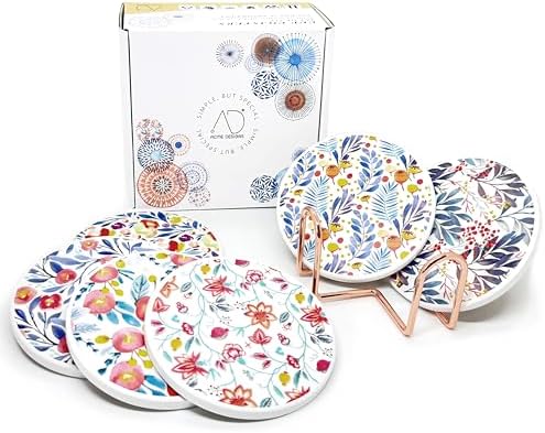 AD Set of 6 Coasters for Drinks Absorbing Round Ceramic Stone Coaster with Cork Base Tabletop Protection Mat for Mugs and Cups,Office,Kitchen (Watercolor Flowers with Rose Gold Holder)