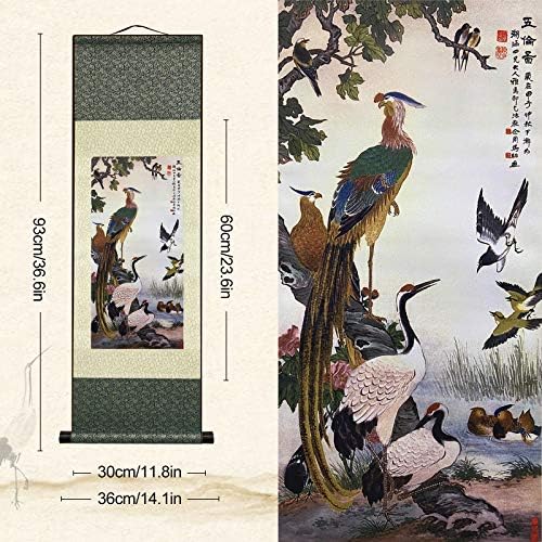 AtfArt 4 Pack Asian Wall Decor - Beautiful Silk Scroll Painting Birds - Phoenix Oriental Decor Chinese Art Wall Scroll Wall Hanging Painting (36.2 x 12 in)