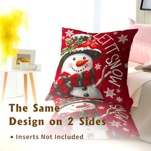 Xmas Pillow Covers 24x24 Inch 2 Packs Christma Snowman Snowflake Decorative Red Pillow Cases Winter Holiday Red Cotton Cushion Cover for Home Sofa Couch Decor