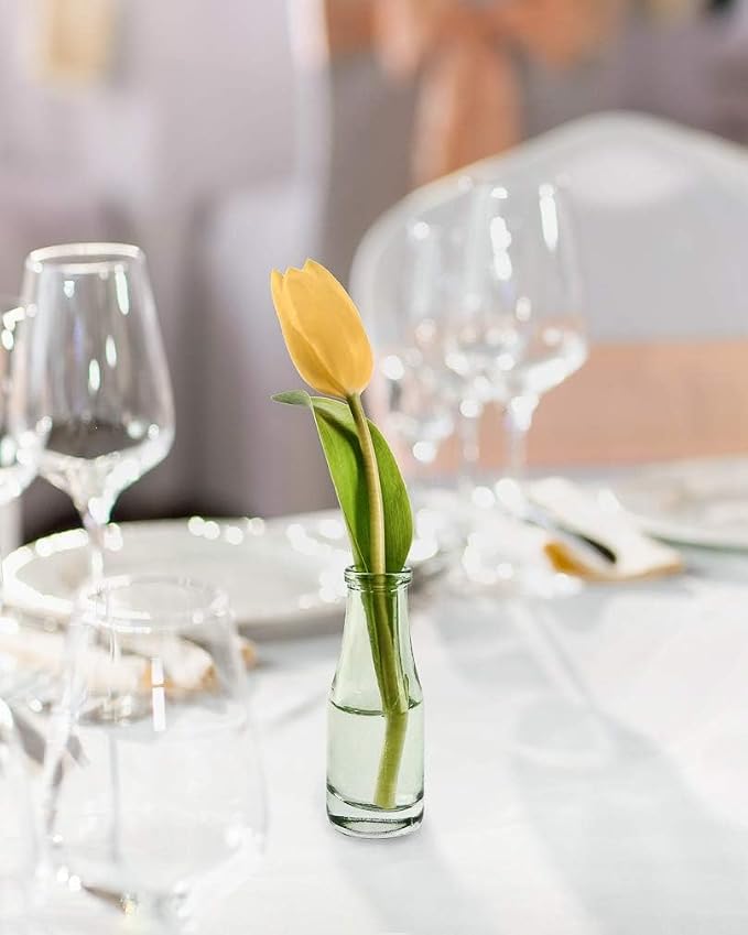 Serene Spaces Living Mini Green Glass Bud Vase, Centerpiece for Wedding Reception, Mini Flower Vases for Home Decor, Vintage Bottle Style Vase, 3.75" Tall & 1.25" Diameter - Pack of 6