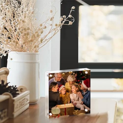 AMEITECH Acrylic Picture Frame 8x8-5 Pack, Clear Double Sided Frameless Photo Frame with Magnetic, Free Standing Desktop Acrylic Frame Display, Lucite Frame with Gift Box Package, 12+12mm Thickness