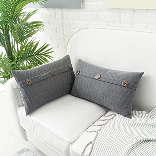 HWY 50 Grey Chenille Throw Pillow Covers 12x20 Inch Buttons Pack of 2
