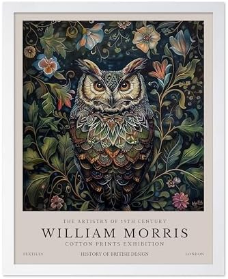 Poster Master Owl Print - William Morris Poster - Flower & Animal Illustration - Botanical Exhibition Wall Design - Floral Bird Artwork - Aesthetic Office or Bedroom Decor - 11x14 White Framed